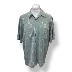 Boca Classics Mens Short Sleeve Silk Hawaiian Shirt Monochrome Floral Green L